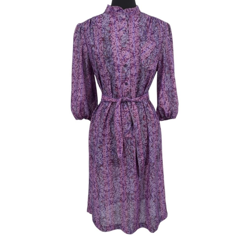VTG 70s California Looks Purple Paisley Stripe Floral Print Day Dress Tie Waist - Picture 11 of 11